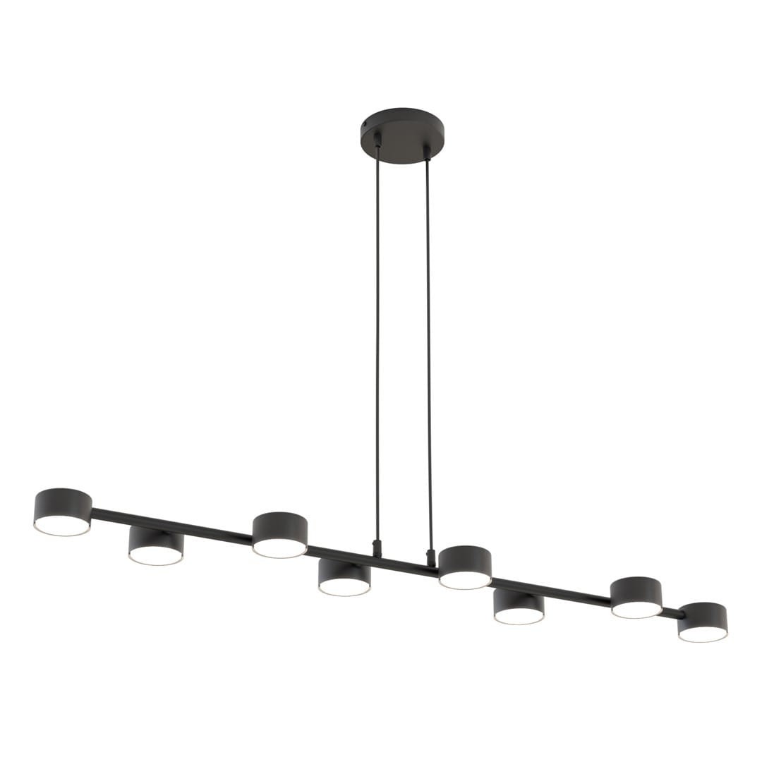 Lampa wisząca Megara czarna, z ośmioma okrągłymi kloszami na podwieszanym stelażu. Klosze są w kolorze matowym, zamocowane na długim, prostym ramieniu. Całość zawieszona na dwóch linkach, przymocowana do okrągłej podsufitki.