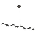 Lampa wisząca Megara czarna, z ośmioma okrągłymi kloszami na podwieszanym stelażu. Klosze są w kolorze matowym, zamocowane na długim, prostym ramieniu. Całość zawieszona na dwóch linkach, przymocowana do okrągłej podsufitki.