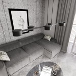 Lampa wisząca Megara w kolorze czarnym z sześcioma reflektorami GX53, zawieszona nad szarym narożnikiem w nowoczesnym wnętrzu. Ujęcie z góry, ukazujące minimalistyczny design oraz otoczenie z szarymi zasłonami i dekoracyjnym stołem.
