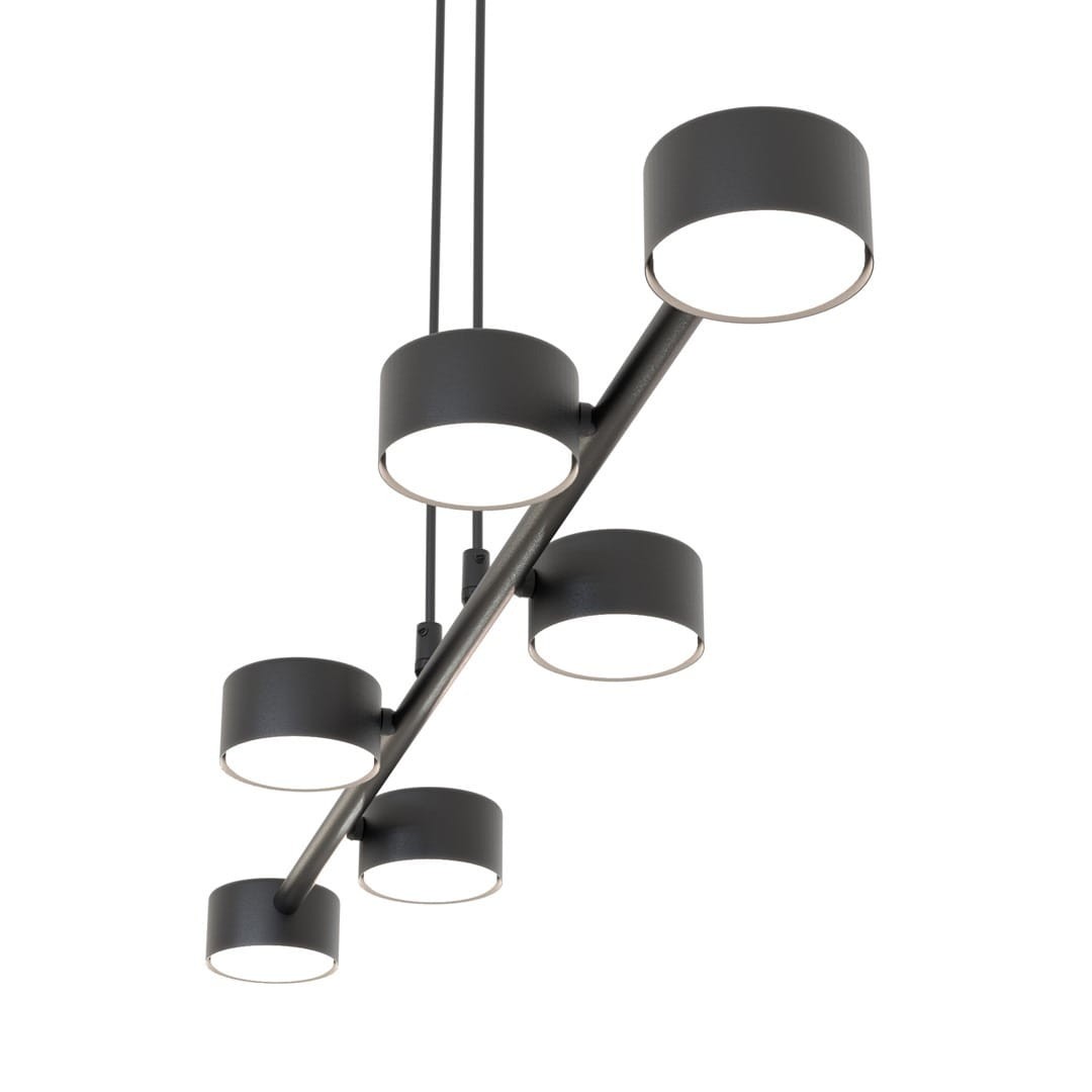 Lampa wisząca Megara 6xGX53 w kolorze czarnym, składająca się z sześciu okrągłych kloszy zamocowanych na poziomej rurze. Klosze mają matową powierzchnię i są zawieszone na regulowanych linkach. Idealna do nowoczesnych wnętrz.