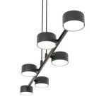 Lampa wisząca Megara 6xGX53 w kolorze czarnym, składająca się z sześciu okrągłych kloszy zamocowanych na poziomej rurze. Klosze mają matową powierzchnię i są zawieszone na regulowanych linkach. Idealna do nowoczesnych wnętrz.