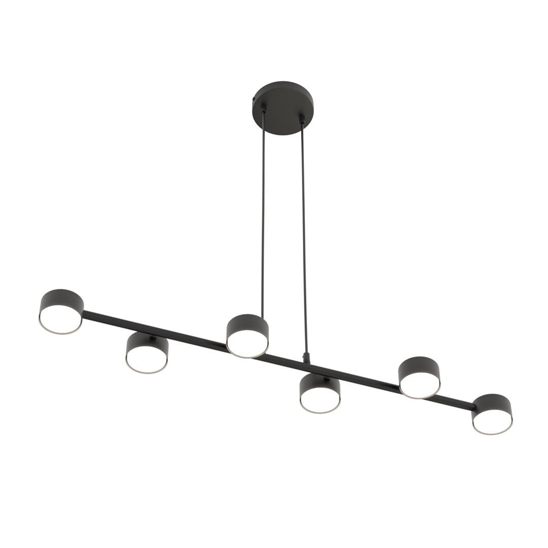 Lampa wisząca Megara w kolorze czarnym, z sześcioma oprawami GX53. Posiada prosty, nowoczesny kształt z okrągłymi kloszami zawieszonymi na cienkich linkach. Ujęcie z góry, eksponujące równą linię i minimalistyczny design.