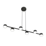 Lampa wisząca Megara w kolorze czarnym, z sześcioma oprawami GX53. Posiada prosty, nowoczesny kształt z okrągłymi kloszami zawieszonymi na cienkich linkach. Ujęcie z góry, eksponujące równą linię i minimalistyczny design.