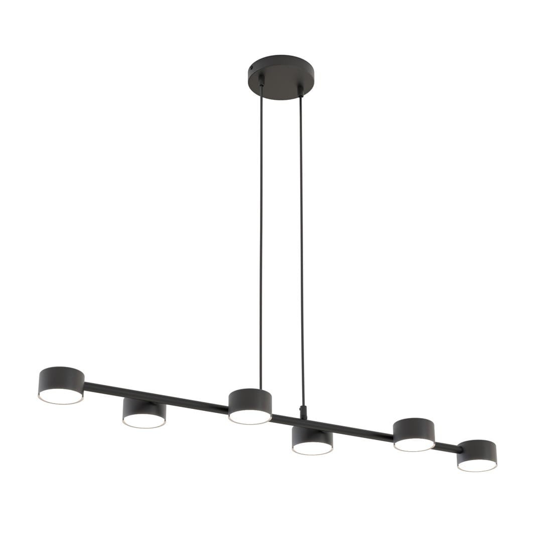 Lampa wisząca Megara w kolorze czarnym, z sześcioma oprawami na żarówki GX53. Ułożona poziomo, zawieszona na dwóch kablach, z minimalistycznym designem i okrągłymi kloszami. Idealna do nowoczesnych wnętrz.