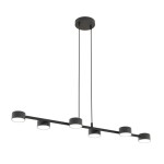 Lampa wisząca Megara w kolorze czarnym, z sześcioma oprawami na żarówki GX53. Ułożona poziomo, zawieszona na dwóch kablach, z minimalistycznym designem i okrągłymi kloszami. Idealna do nowoczesnych wnętrz.
