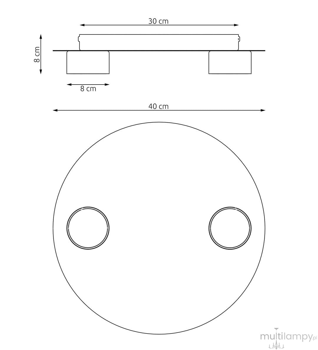 Lampa sufitowa Bolx 2xGX53 w kolorze czarnym, o średnicy 40 cm i wysokości 8 cm. Posiada dwa okrągłe otwory na źródła światła, symetrycznie rozmieszczone na okrągłej podstawie. Prosty design, idealna do nowoczesnych wnętrz.