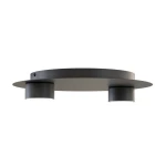 Czarna lampa sufitowa Bolx z dwoma źródłami światła GX53. Okrągła, matowa podstawa z dwoma cylindrycznymi oprawami. Produkt zamontowany w pozycji poziomej, z widocznymi detalami mocowania.