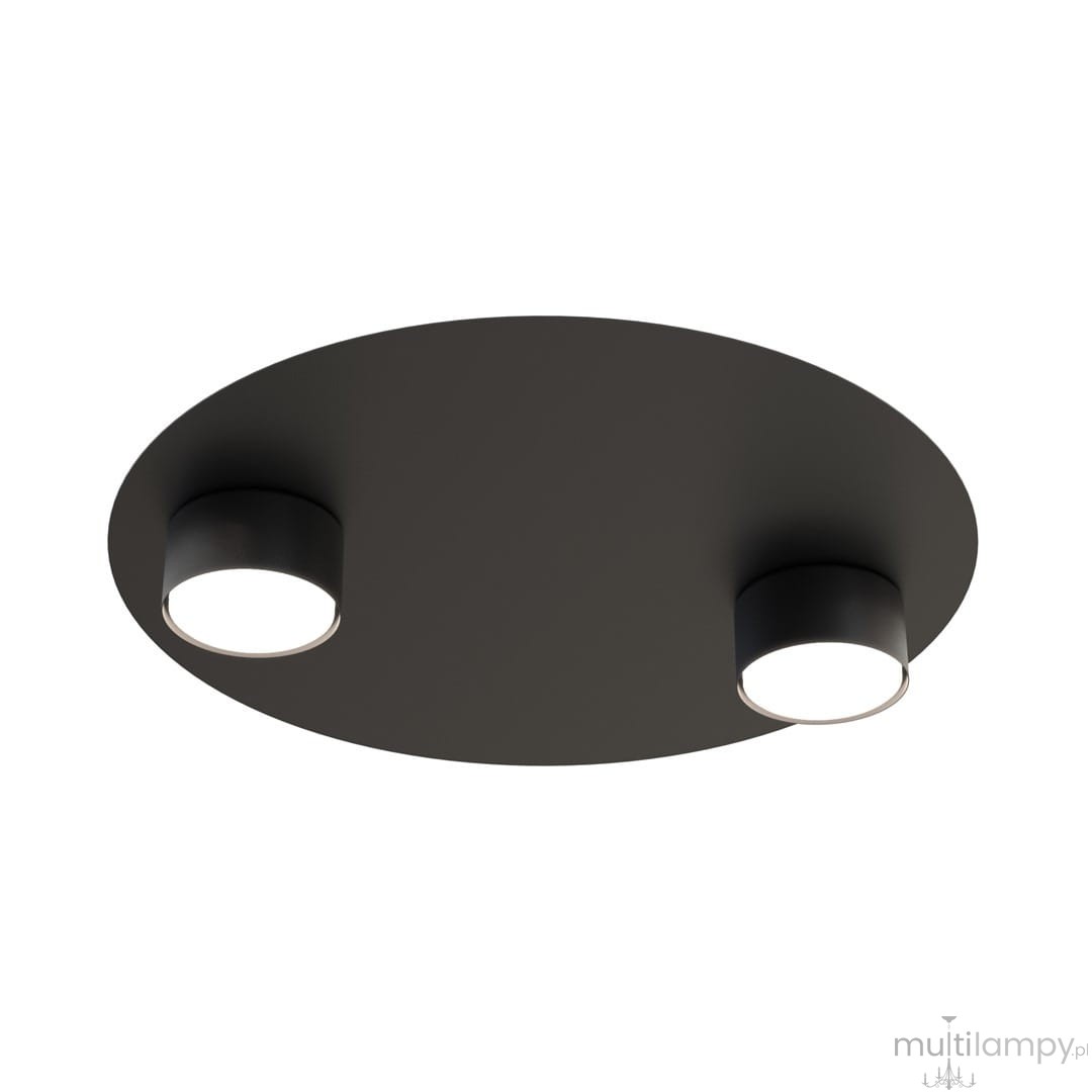 Czarna lampa sufitowa Bolx z dwoma oprawami GX53, o okrągłej, matowej podstawie. Zamontowana w pozycji poziomej, z widocznymi osłonami lamp, które emitują światło. Prosty, nowoczesny design, idealny do różnych wnętrz.