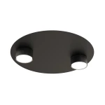 Czarna lampa sufitowa Bolx z dwoma oprawami GX53, o okrągłej, matowej podstawie. Zamontowana w pozycji poziomej, z widocznymi osłonami lamp, które emitują światło. Prosty, nowoczesny design, idealny do różnych wnętrz.
