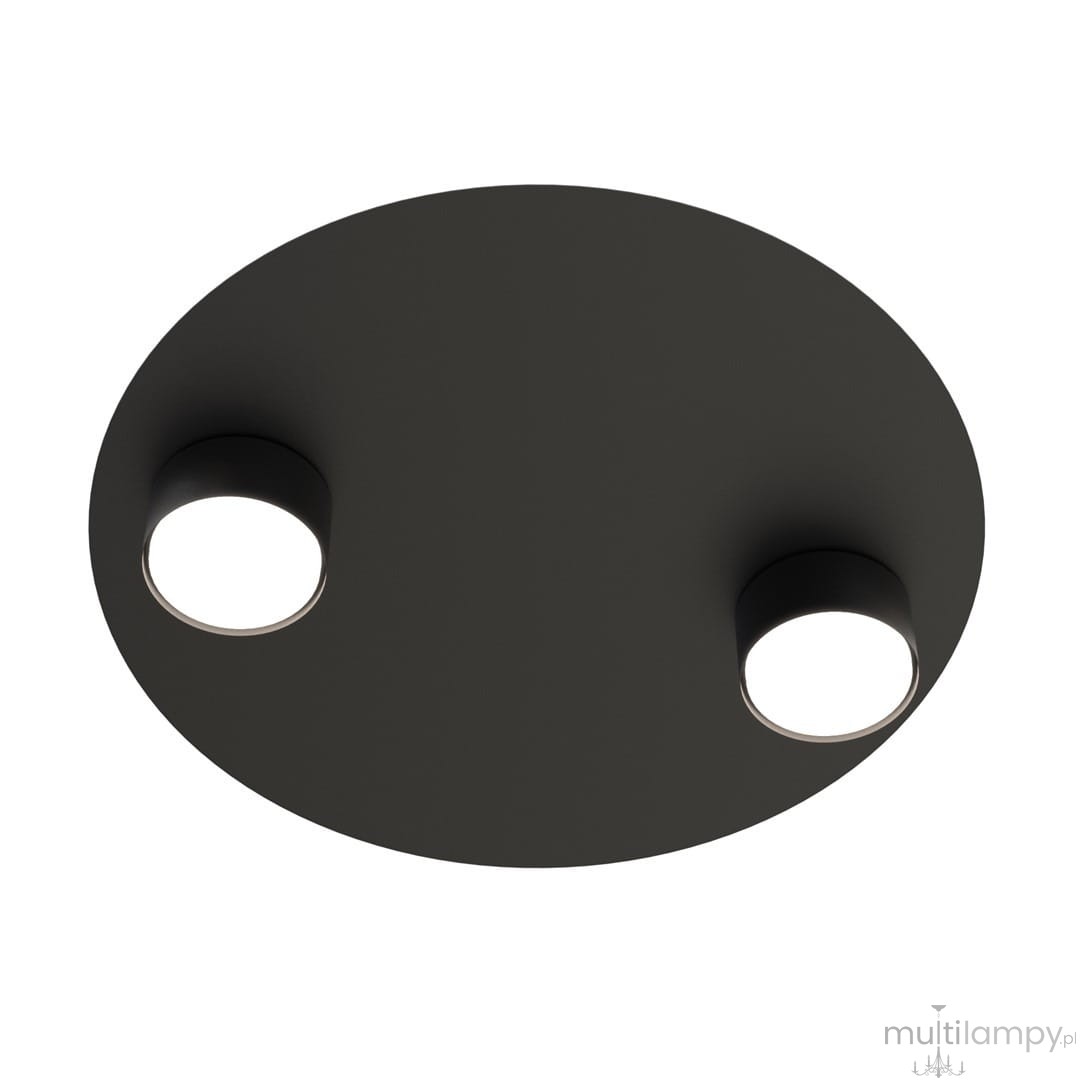 Czarna lampa sufitowa Bolx z dwoma punktami świetlnymi typu GX53. Okrągła, matowa obudowa z delikatnymi krawędziami, zamontowana na suficie, z widocznymi oprawkami na żarówki.