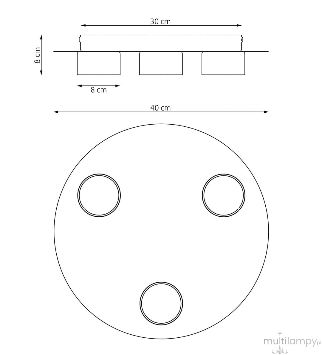 Czarna lampa sufitowa Bolx z trzema oprawami na żarówki GX53. Okrągła, o średnicy 40 cm, wysokości 8 cm. Ułożona poziomo, z równomiernie rozmieszczonymi otworami na żarówki. Prosty design, idealna do nowoczesnych wnętrz.