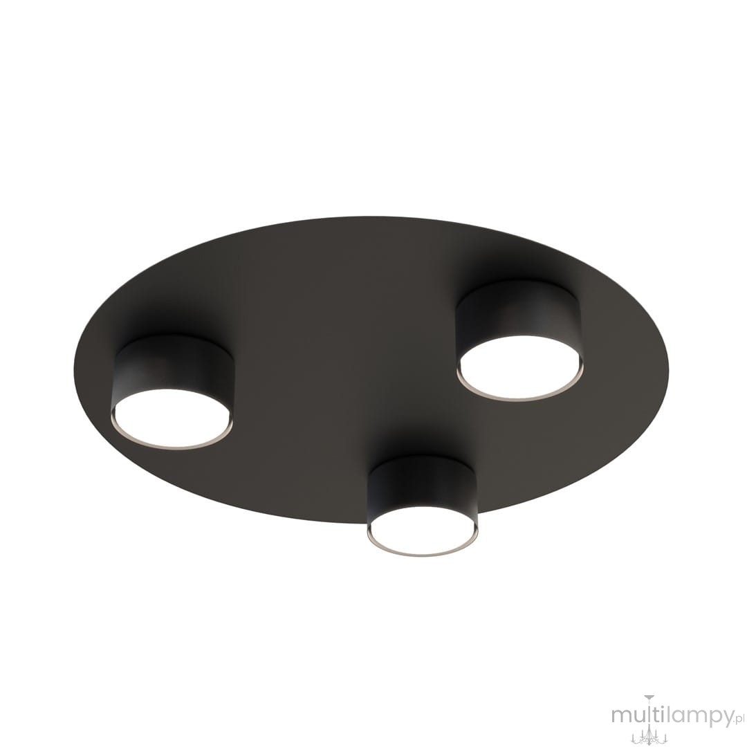 Lampa sufitowa Bolx 3xGX53 w kolorze czarnym, okrągła podstawa z trzema punktami świetlnymi. Ujęcie z dołu, pokazujące zamontowane źródła światła w otworach. Prosty, nowoczesny design, idealna do różnych wnętrz.