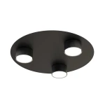 Lampa sufitowa Bolx 3xGX53 w kolorze czarnym, okrągła podstawa z trzema punktami świetlnymi. Ujęcie z dołu, pokazujące zamontowane źródła światła w otworach. Prosty, nowoczesny design, idealna do różnych wnętrz.