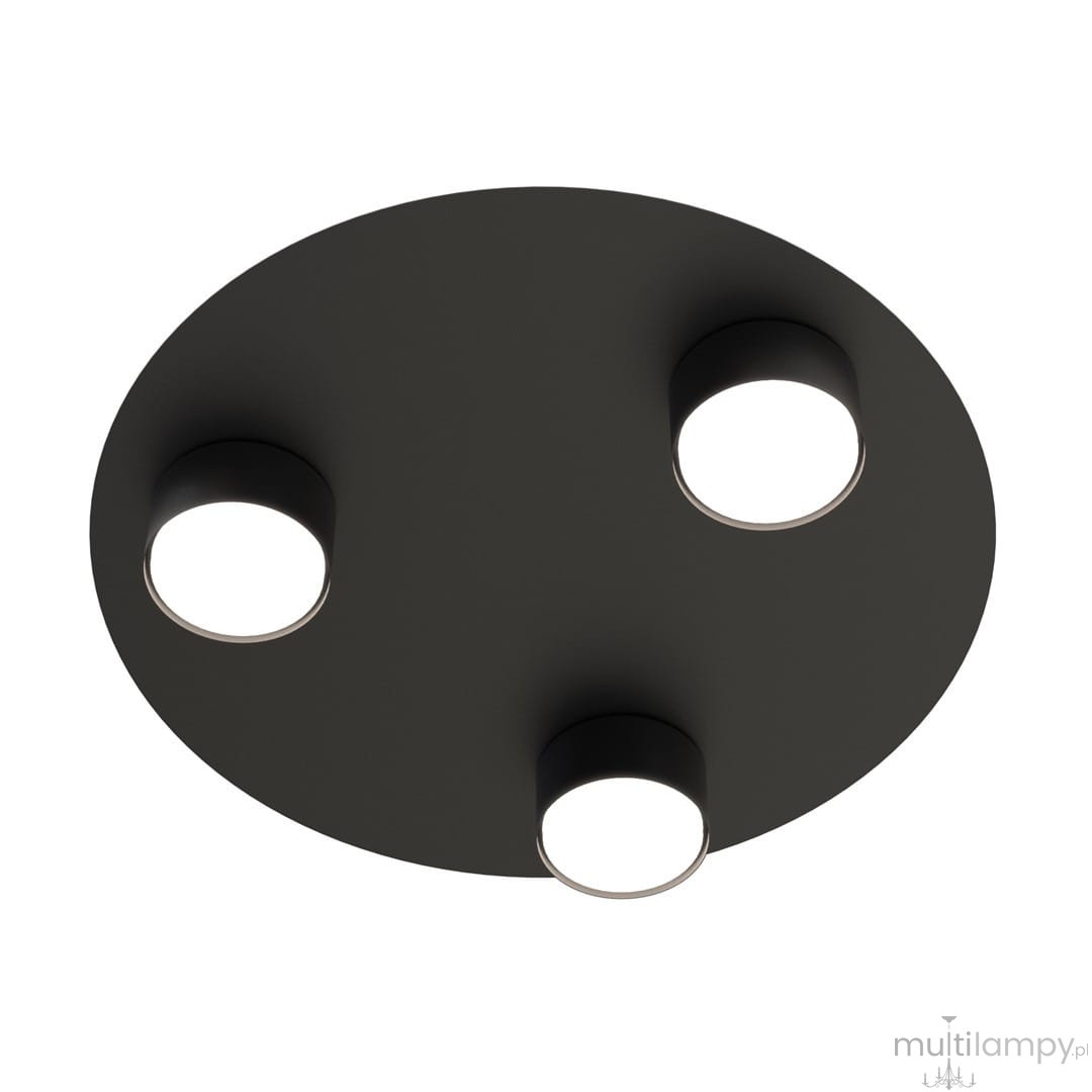 Lampa sufitowa Bolx 3xGX53 w kolorze czarnym, okrągła, z trzema źródłami światła umieszczonymi w otworach. Widok z dołu, ukazujący równomierne rozmieszczenie punktów świetlnych. Minimalistyczny design, idealna do nowoczesnych wnętrz.