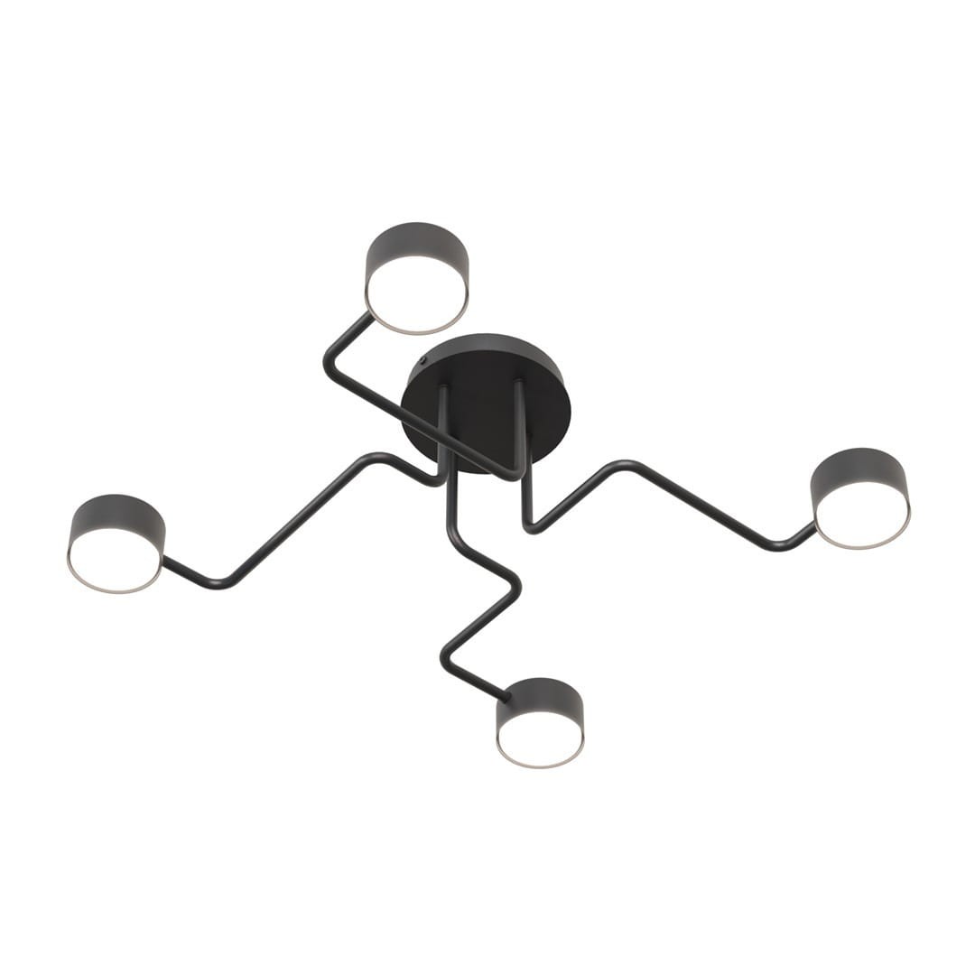 Lampa sufitowa Kurage czarna z czterema źródłami światła GX53, z unikalnym, zagiętym kształtem ramion. Zamontowana na okrągłej podstawie, w nowoczesnym stylu. Idealna do nowoczesnych wnętrz.