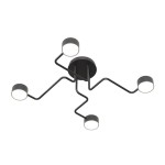 Lampa sufitowa Kurage czarna z czterema źródłami światła GX53, z unikalnym, zagiętym kształtem ramion. Zamontowana na okrągłej podstawie, w nowoczesnym stylu. Idealna do nowoczesnych wnętrz.