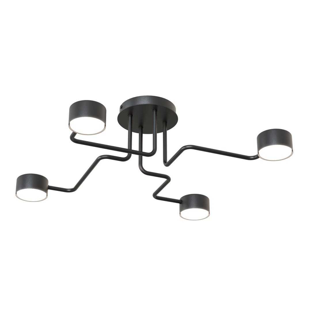 Lampa sufitowa Kurage w kolorze czarnym, z czterema punktami świetlnymi na giętych ramionach. Metalowa konstrukcja z okrągłymi oprawkami GX53, montowana na suficie. Prosta forma, idealna do nowoczesnych wnętrz.