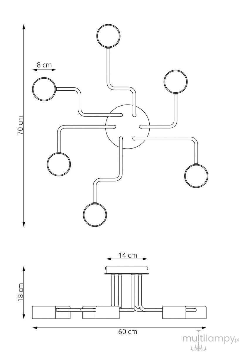 Lampa sufitowa Kurage w kolorze czarnym, z sześcioma ramionami, każda z oprawką na żarówki GX53. Wymiary: wysokość 70 cm, średnica 60 cm. Prosta konstrukcja z okrągłym mocowaniem, idealna do nowoczesnych wnętrz.