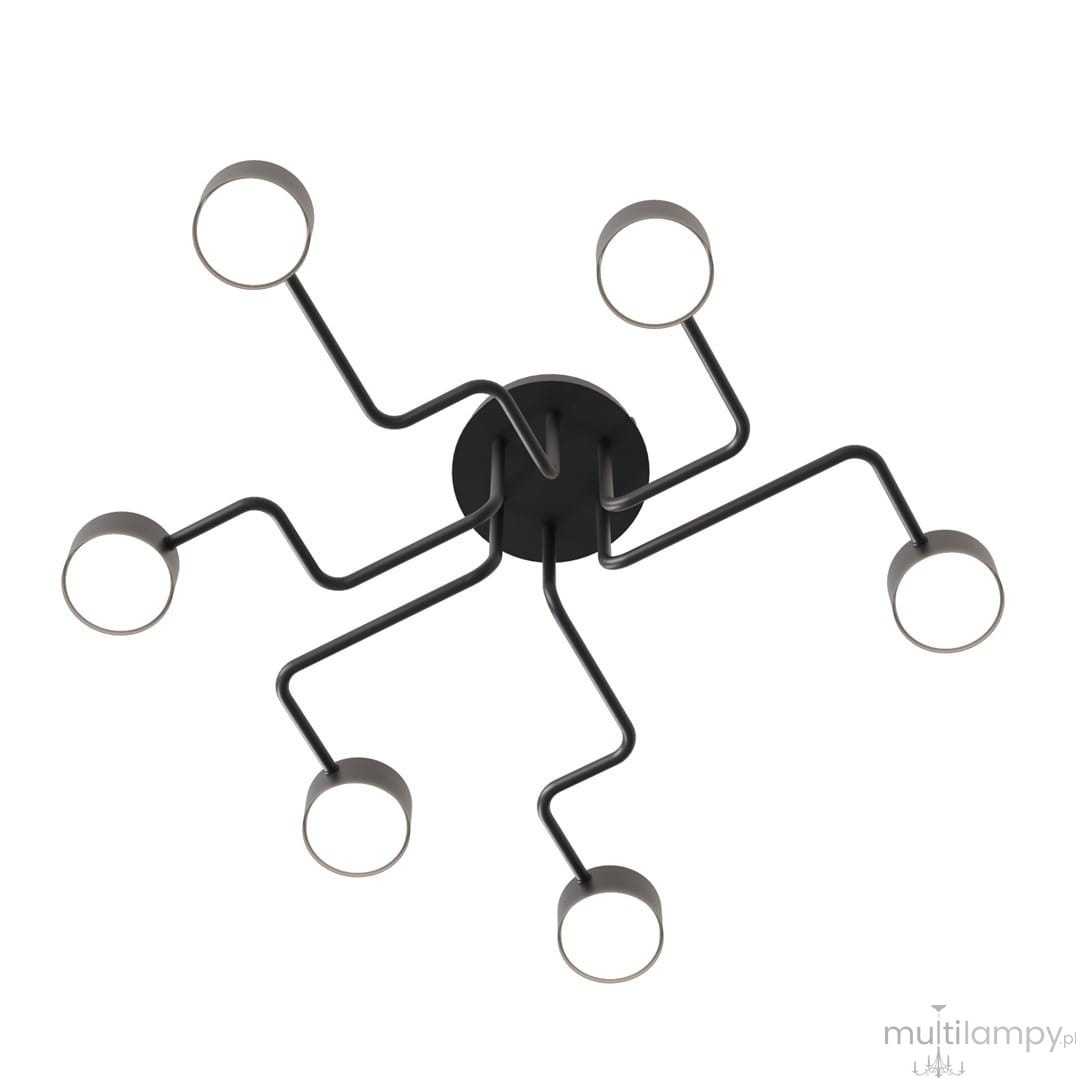 Lampa sufitowa Kurage w kolorze czarnym z sześcioma ramionami, każda z oprawką na żarówkę GX53. Kształt ramion przypomina organiczne formy. Ujęcie z góry, pokazujące detale konstrukcji i rozmieszczenie źródeł światła.