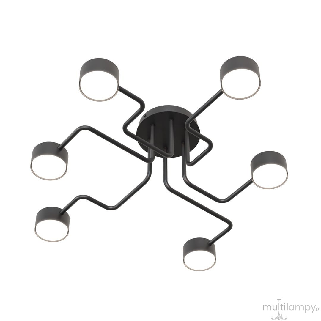 Lampa sufitowa Kurage w kolorze czarnym z sześcioma ramionami, każda zakończona okrągłym kloszem. Ujęcie z dołu, ukazujące nowoczesny, minimalistyczny design oraz metalową konstrukcję. Wymiary i detale montażowe niewidoczne.