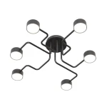 Lampa sufitowa Kurage w kolorze czarnym z sześcioma ramionami, każda zakończona okrągłym kloszem. Ujęcie z dołu, ukazujące nowoczesny, minimalistyczny design oraz metalową konstrukcję. Wymiary i detale montażowe niewidoczne.
