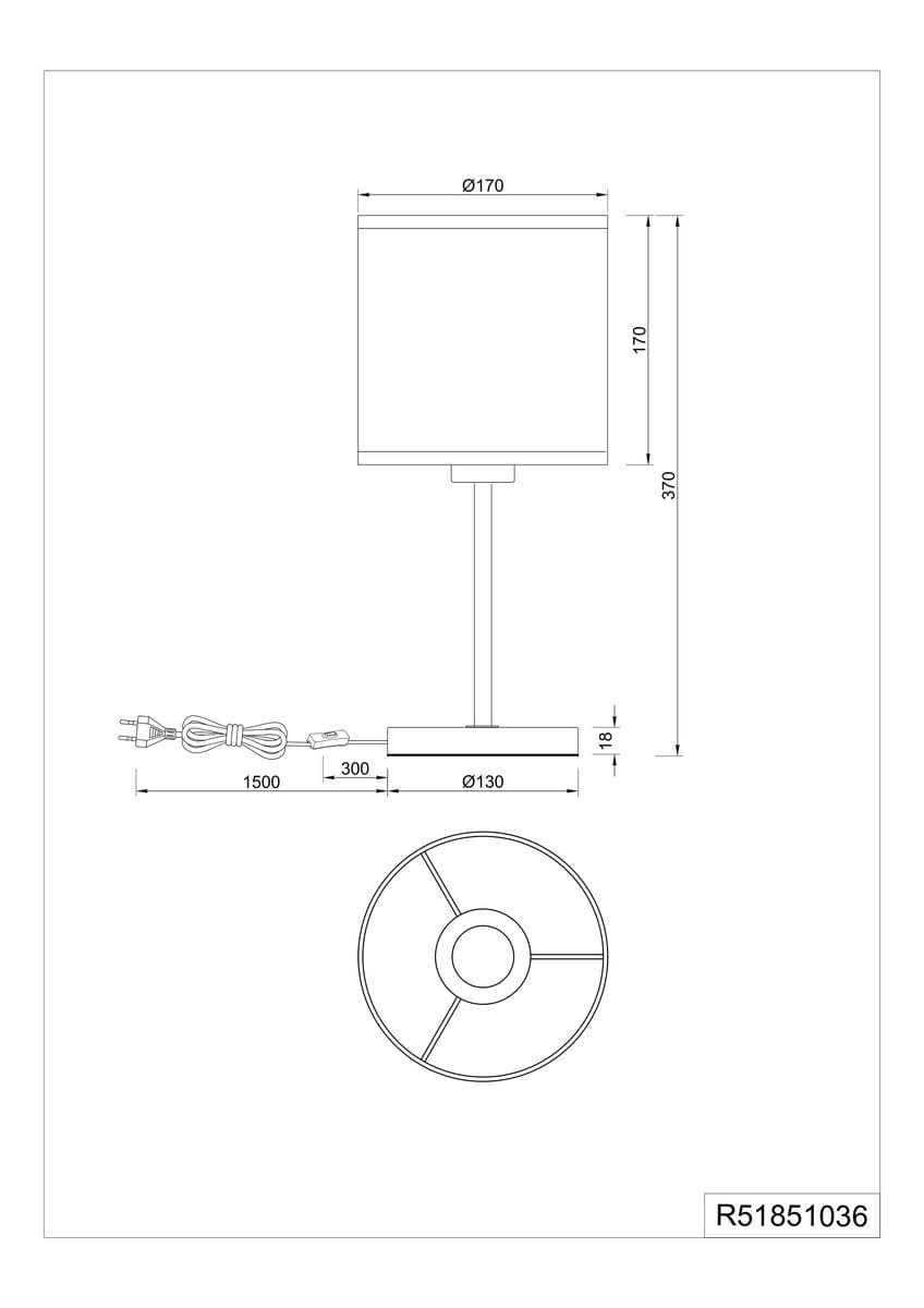 Lampa stołowa Aimee z jedną oprawą E27, w kolorze czarnym i naturalnym. Prostokątny klosz o średnicy 17 cm, metalowa podstawa o średnicy 13 cm. Wysokość całkowita wynosi 37 cm. Kabel z wtyczką o długości 150 cm. Ujęcie frontalne.