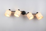 Lampa sufitowa Aimee w kolorze czarnym z naturalnymi abażurami. Składa się z czterech punktów świetlnych na metalowej podstawie, zamontowanej na ścianie. Abażury mają okrągły kształt i teksturowaną powierzchnię, emitując ciepłe światło.