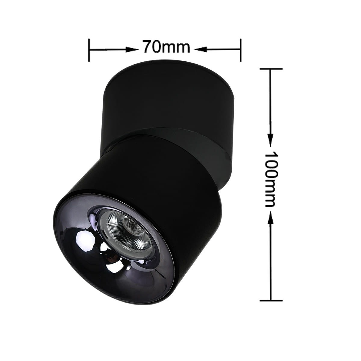 Czarna lampa sufitowa Brema LP-2626/1RM BK z jednym źródłem LED 10W, o wymiarach 70mm (średnica) i 100mm (wysokość). Ujęcie z góry, ukazujące ruchomy reflektor z połyskującym kloszem.
