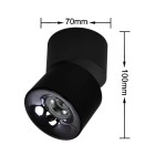Czarna lampa sufitowa Brema LP-2626/1RM BK z jednym źródłem LED 10W, o wymiarach 70mm (średnica) i 100mm (wysokość). Ujęcie z góry, ukazujące ruchomy reflektor z połyskującym kloszem.