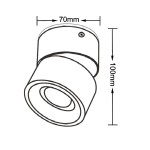 Lampa sufitowa Brema w kolorze czarnym, wykonana z metalu, z ruchomym kloszem. Wymiary: średnica 70 mm, wysokość 100 mm. Wyposażona w diodę LED 10W z regulacją temperatury barwowej (CCT). Ujęcie frontalne, w detal.