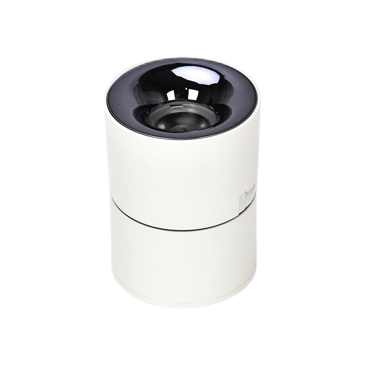 Lampa sufitowa Brema, biały spot z jedną diodą LED 10W, z ruchomą głowicą. Okrągła, z gładką fakturą, czarnym kloszem na górze. Ujęcie z boku, produkt stojący, na jednolitym tle, bez dodatkowych elementów.