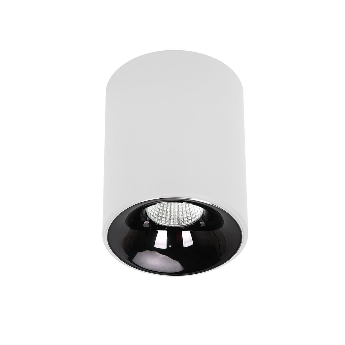 Lampa sufitowa Toma w kształcie tuby, biała, z jedną diodą LED 5W i czarnym kloszem. Ujęcie z dołu, pokazujące gładką powierzchnię oraz reflektor. Idealna do nowoczesnych wnętrz.