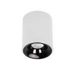 Lampa sufitowa Toma w kształcie tuby, biała, z jedną diodą LED 5W i czarnym kloszem. Ujęcie z dołu, pokazujące gładką powierzchnię oraz reflektor. Idealna do nowoczesnych wnętrz.