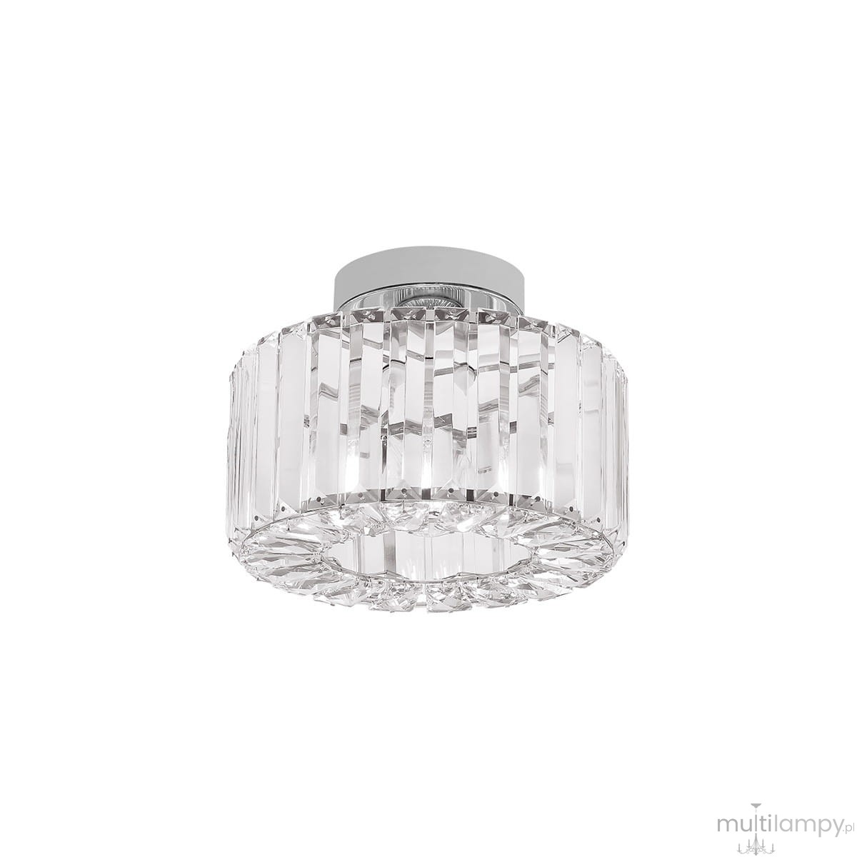 Lampa sufitowa Vetro LP-2383/1C CH z chromowanym mocowaniem i kloszem z przezroczystego szkła z wypukłymi, prostokątnymi wzorami. Produkt zamontowany na suficie, w górnym widoku, z pojedynczym gniazdem E27. Tło białe.