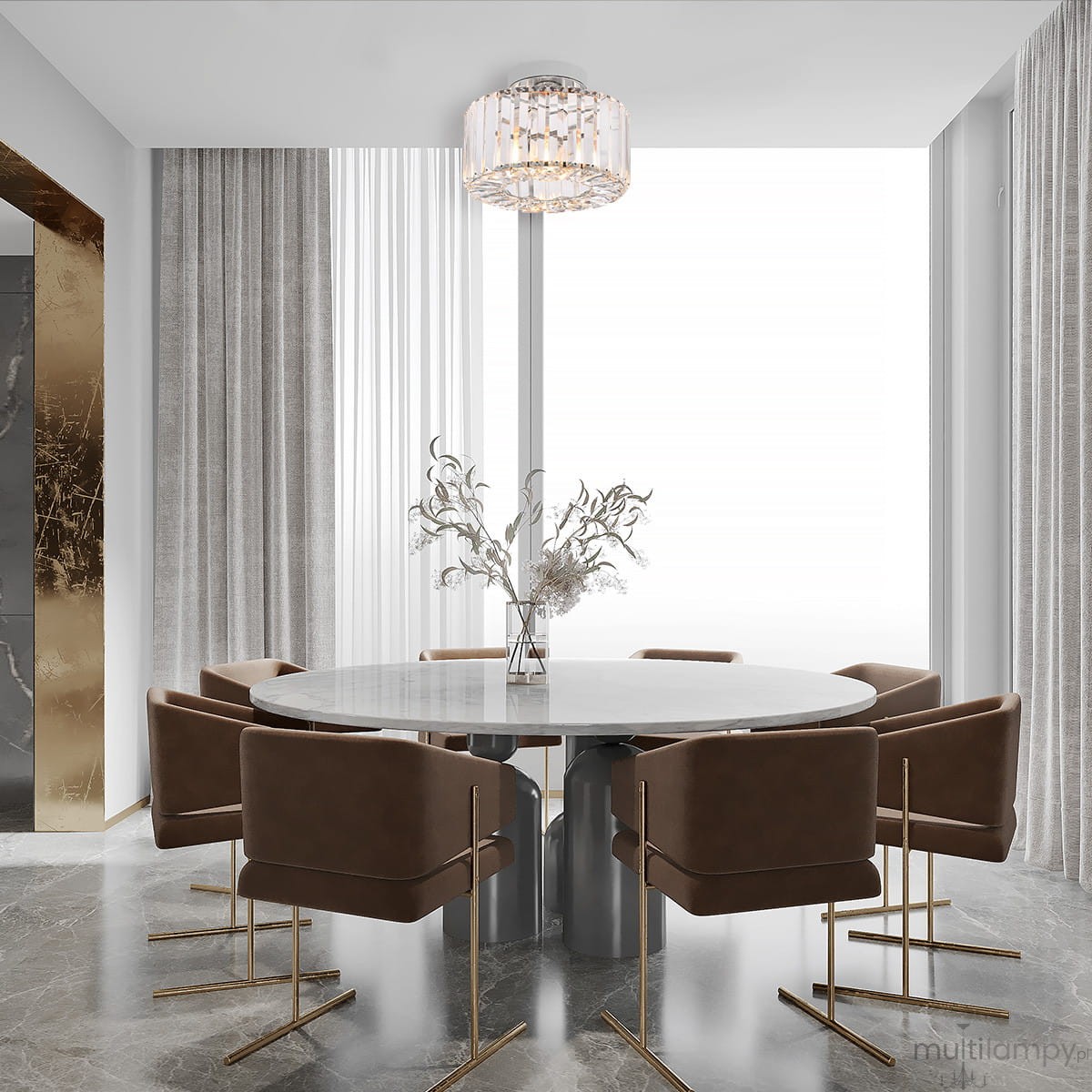 Lampa sufitowa Vetro LP-2383/1C CH z chromowanym wykończeniem, o okrągłym kształcie, zawieszona nad okrągłym stołem. Klosz z przezroczystymi elementami, w eleganckim wnętrzu z brązowymi krzesłami i marmurową podłogą.