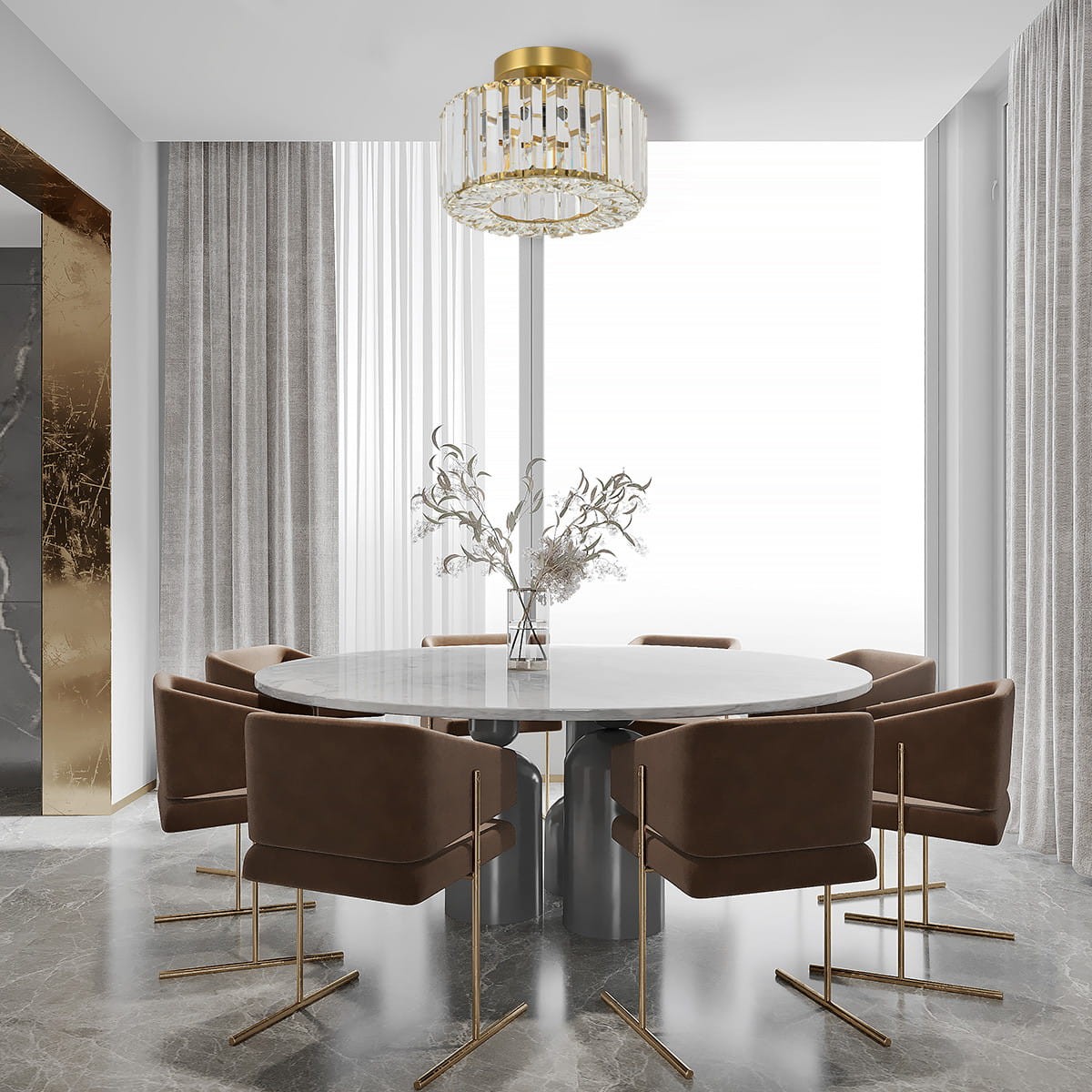 Lampa sufitowa Vetro LP-2910/1C GD z jedną oprawą E27 w kolorze złotym, zawieszona w nowoczesnym wnętrzu. Charakteryzuje się szklanym kloszem z pionowymi szczelinami, umieszczona nad okrągłym stołem. Otoczenie w odcieniach szarości i brązu.