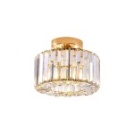 Lampa sufitowa Vetro z oprawą w kolorze złotym, z przezroczystymi kryształkami w formie prostokątów. Widok z góry, montowana do sufitu, z jedną oprawą E27. Elegancki design, idealna do nowoczesnych wnętrz.