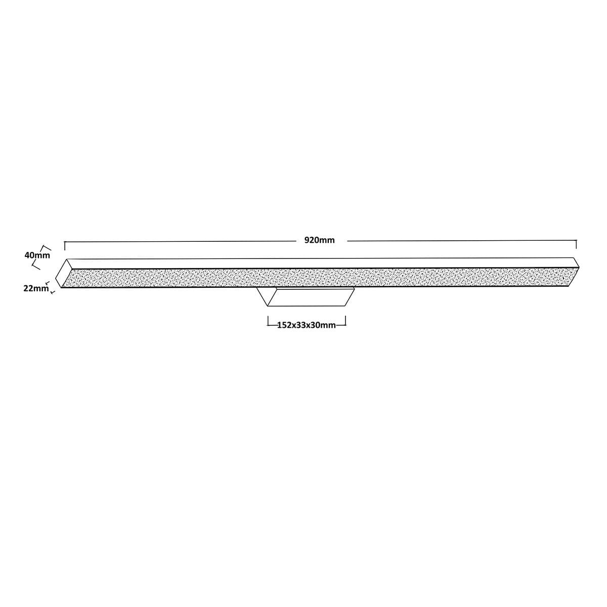 Kinkiet Aqua 92 w kolorze czarnym, wykonany z materiałów odpornych na wilgoć (IP44), z jedną diodą LED o mocy 24W. Wymiary: 920mm długości, 40mm wysokości, 22mm głębokości. Prosty, nowoczesny design, montowany na ścianie.