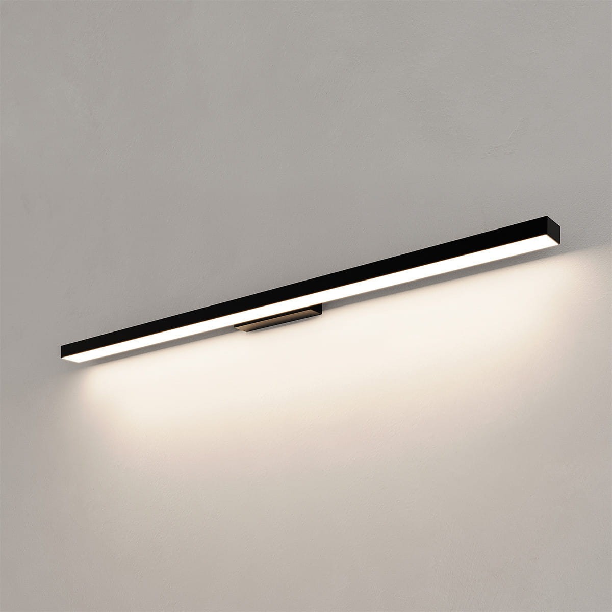Kinkiet Aqua 92 w kolorze czarnym, z jedną diodą LED o mocy 24W, stopień ochrony IP44, oświetlenie w formie prostokątnej listwy, zamontowany na ścianie, emitujący ciepłe światło.