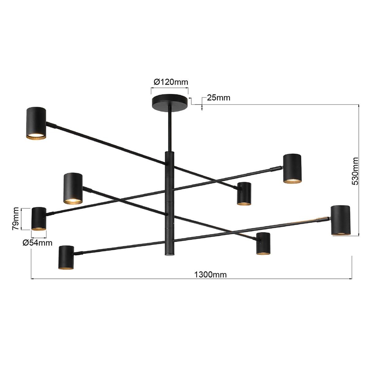 Lampa wisząca Snow 8xGU10 w kolorze czarnym, o wymiarach 1300mm szerokości i 530mm wysokości. Posiada osiem cylindrycznych kloszy o średnicy 54mm, zamocowanych na metalowych ramionach, zawieszona na prostym stelażu.