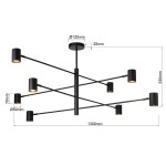 Lampa wisząca Snow 8xGU10 w kolorze czarnym, o wymiarach 1300mm szerokości i 530mm wysokości. Posiada osiem cylindrycznych kloszy o średnicy 54mm, zamocowanych na metalowych ramionach, zawieszona na prostym stelażu.