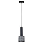 Czarna lampa wisząca Amo LP-0702/1P z jednym gniazdem E27, o cylindrycznym korpusie i siatkowym abażurze, zawieszona na cienkim przewodzie. Ujęcie z dołu, na jednolitym tle, ukazujące nowoczesny design i detale konstrukcyjne.