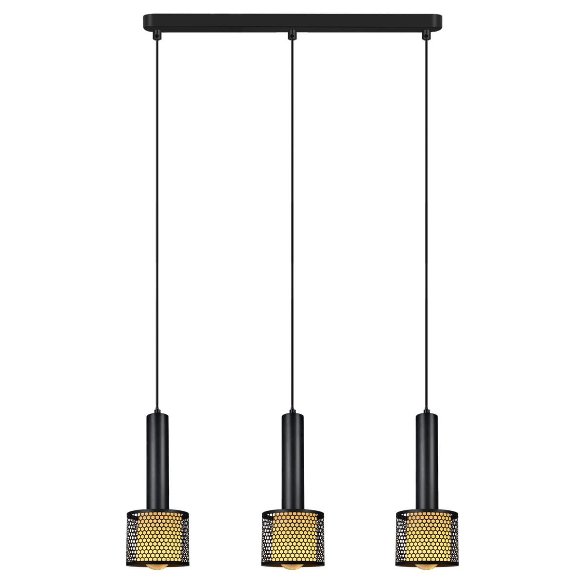 Lampa wisząca Amo w kolorze czarnym z trzema źródłami światła E27. Metalowe klosze z siatkową teksturą, zawieszone na cienkich linkach, montowane do sufitu. Nowoczesny design, idealna do wnętrz w stylu industrialnym.