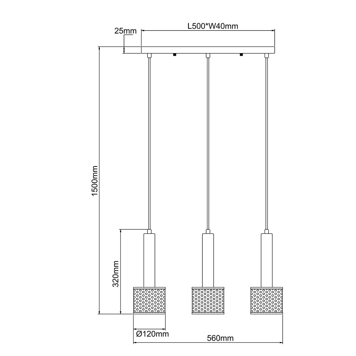 Czarna lampa wisząca Amo LP-0702/3L z trzema źródłami światła E27. Wymiary: długość 500 mm, szerokość 40 mm, wysokość 1500 mm. Posiada prostą, cylindryczną konstrukcję z dekoracyjnymi kloszami o średnicy 120 mm, zawieszona na regulowanych linkach.