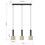Lampa wisząca Amo 3xE27 w kolorze czarnym i złotym, z trzema cylindrycznymi kloszami o średnicy 120 mm. Wymiary: długość 500 mm, wysokość 1500 mm, zawieszenie na czarnych linkach, montaż sufitowy.