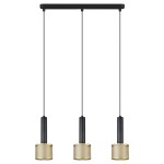 Lampa wisząca Amo z trzema kloszami E27 w kolorze czarnym i złotym. Klosze o siatkowanej strukturze, zawieszone na cienkich linkach, umieszczone na prostokątnej podstawie montażowej w kolorze czarnym.