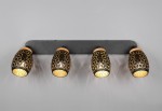 Czarna lampa sufitowa Bidar z czterema reflektorami E14, umieszczona na prostokątnej, metalowej podstawie. Reflektory mają owalny kształt z geometrycznym wzorem, emitującym ciepłe światło. Produkt montowany na suficie, w neutralnym otoczeniu.