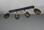 Czarna lampa sufitowa Bidar z czterema reflektorami E14, z elementami w kolorze naturalnego drewna. Reflektory mają owalny kształt z geometrycznym wzorem w złotym kolorze. Montaż do sufitu, widok frontalny.
