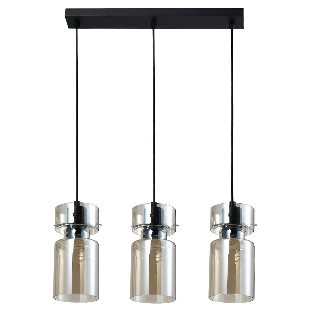 Lampa wisząca Nivio 3xE27 w kolorze czarnym z trzema przezroczystymi kloszami. Ułożona poziomo, z metalowym stelażem, zawieszona na czarnych linkach. Klosze mają cylindryczny kształt, z widocznym źródłem światła. Elegancki design do nowoczesnych wnętrz.