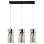 Lampa wisząca Nivio 3xE27 w kolorze czarnym z trzema przezroczystymi kloszami. Ułożona poziomo, z metalowym stelażem, zawieszona na czarnych linkach. Klosze mają cylindryczny kształt, z widocznym źródłem światła. Elegancki design do nowoczesnych wnętrz.